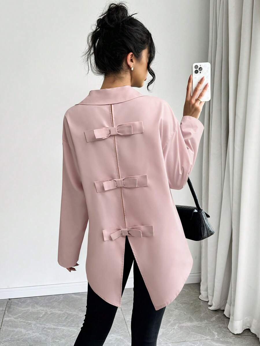 Chiquease Women's Elegant Solid Color Bow Decor Open Back Blouse For Autumn Women Shirt