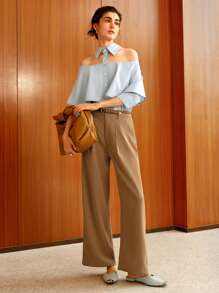Uhlyne Uhlyne Blusa elegante e casual da donna, con spalle scoperte, collo alla coreana e maniche a meta - Blu - Visualizzare 6