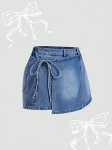 SHEIN MOD 加大码蓝色牛仔短裤搭配裙裤，休闲修身夏季度假女装 90 年代女装 春季女装 Y2K 女装 牛仔女郎 狂欢春假 外出街头服饰 2000 年代风格 复古风 伊比沙岛风 狂欢乡村音乐节 女装音乐会 复活节女装 - 藍色 - 查看 5