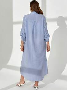 SHEIN Essnce Vestido azul y blanco de manga larga con mangas mixtas para mujeres de talla grande, para el estilo de negocios casuales, elegantes, de primavera, de vacaciones, de festival, de estilo old money, de moda casual para ir al trabajo
