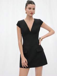 Aveloria 女士优质通勤优雅 V 领盖袖褶皱腰迷你连衣裙