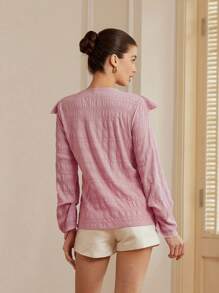 Aveloria Rosie French Elegant Ruffle V-Neck Bishop Sleeve Loose Textured Blouse For Women, Pink Long Sleeve Style Fall Cloth For Women