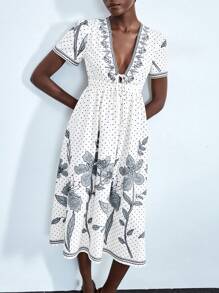 Chiquease Plant Retro Print Elegant Women's Mid-Length Dress, Short Sleeve - Apricot - View 6