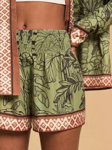 Travachic 2pcs Women Woven Printed Halter Neck Top And High Waisted Shorts Set,Spring&Summer,Summer Outfits For Women,Beach Outfits For Woman,Western Wear Women,Spring Break,Concert Outfit Women,Boho,Rave Outfits,Tropical Vacation, Festival