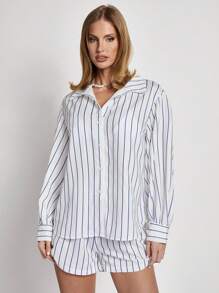 COSMINA Women's Striped Long Sleeve Single Breasted Shirt And Shorts Casual 2 Pieces Set - White - View 5