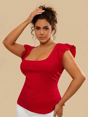 Travachic Plus Size Women Red Solid Color Puffy Cap Sleeve Crew Neck Fitted Casual Vacation Top