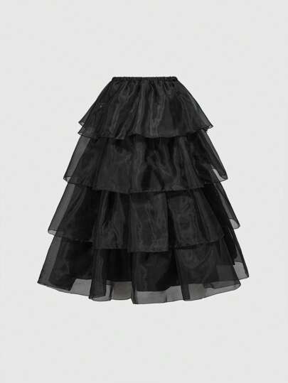 Goth Jupe à volants multicouche, décor de nœud tulle moelleux