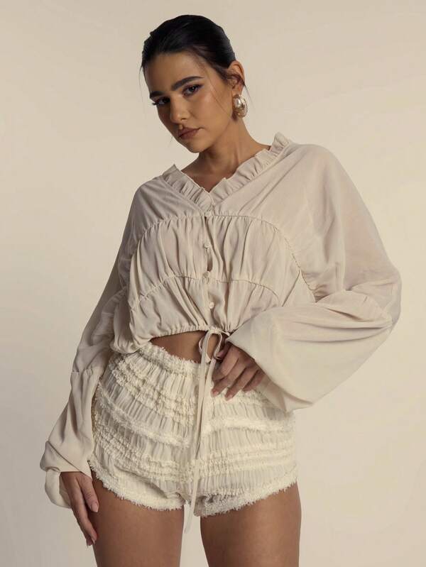 MUSERA Blusa de manga larga con escote en pico transparente, detalle de lazo y fruncido, elegante y linda para primavera y Navidad