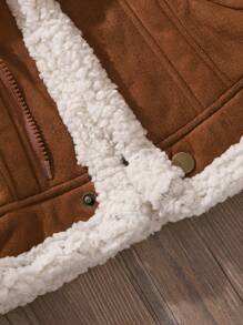 Baby Boy Winter Teddy Lined Zip Up Turndown Collared Motorcycle Jacket - Brown - View 6