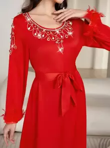 Al Najma 女士奢华手工水晶袖口仿皮草装饰长款派对连衣裙