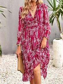 Breezaya Đầm Maxi Họa Tiết Hoa Nhỏ Gọn Tay Phồng Viền Xếp Ly Cho Kỳ Nghỉ Bãi Biển Nữ - Màu Đỏ Sâu - Xem 3