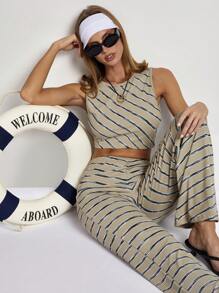 COSMINA Set de 2 piezas con top de tirantes de rayas y pantalones para mujeres, mismo modelo que el de las influencers