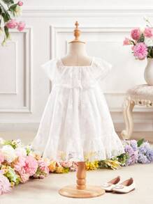 SHEIN Vestido de verano blanco con bordado floral y volantes de malla para bebé niña - Blanco - Ver 2