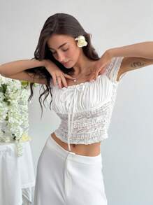 Aloruh 白色蕾丝拼接 T 恤，性感优雅，适合婚礼、派对、伴娘、暑假和约会之夜 - 杏色 - 查看 5