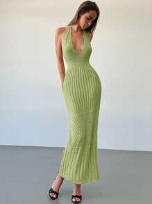 Aloruh New Crochet Deep V Sexy Backless Vacation/Casual/Party Versatile Knit Dress - Green - View 3
