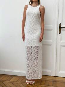 Aloruh Robe élégante et sexy pour femmes, de couleur unie, avec décoration florale en dentelle 3D et dos nu - Blanc - Voir 3