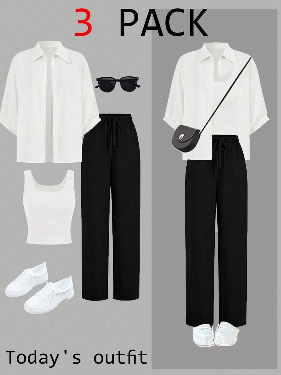 SHEIN LUNE 女士黑白美拉德三件套西装，2024新款，包含时尚轻薄衬衫、修身阔腿裤，秋季休闲时尚套装。 - 白色 - 查看 1