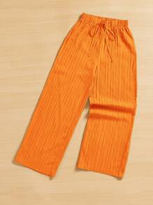 SHEIN Essnce Summer Casual Solid Color Textured Wide Leg Cropped Pants - Orange - View 3