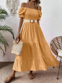 SHEIN Clasi Women's Fashionable Solid Color A-Line Flared Puff Sleeve Dress Maxi Women Outfit