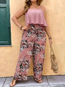 SHEIN VCAY 大码假日海滩休闲西部乡村粉色花卉印花拼布宽松阔腿连体裤