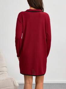 Two-Tone Waffle Knit Women's Bathrobe - Burgundy - View 2