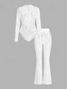 Opulessa Solid Color Knit Lace Slim Fit Long Sleeve Bodysuit & Pants 2pcs Women Set