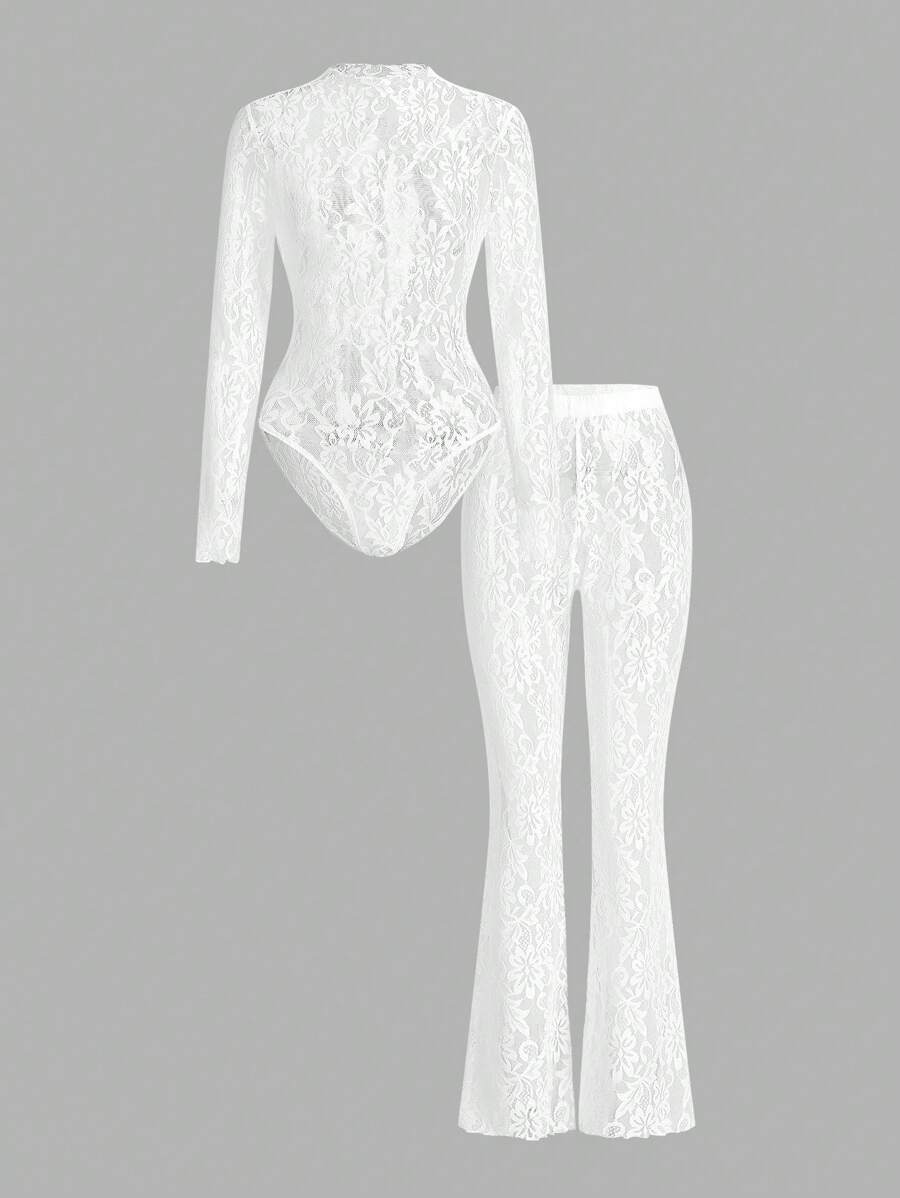 Opulessa Solid Color Knit Lace Slim Fit Long Sleeve Bodysuit & Pants 2pcs Women Set
