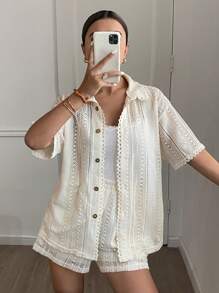 Serisse Bộ 2 áo thun tay ngắn rộng rãi màu trơn và quần short cho nữ, thời trang đơn giản, mặc thường ngày - Màu be - Xem 6