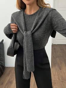 SHEIN Tall Suéter feminino de tricô casual e estiloso com detalhes em xale, manga longa, cor cinza. - Cinza escuro - Ver 5