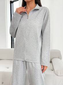 SHEIN Women Two Pieces Long Sleeve Zipper Detailed Sweatshirts And Wide Leg Sweatpants Sets