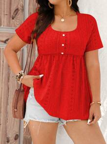 EMERY ROSE Plus Size Solid Color Hollow Out Embroidery T-Shirt, Casual Holiday Wear - Red - View 1