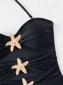 SHEIN Swim Costume da bagno intero da donna con spalline a spaghetti, di colore unito, stile vacanze al mare, con design cavo a stelle marine, novità estate