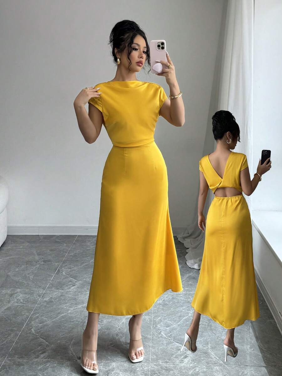 SHEIN Unity Gaun Elegan dengan Belahan Silang di Belakang dan Leher, Potongan Ramping untuk Wanita, Musim Semi/Panas - Kuning - View 1