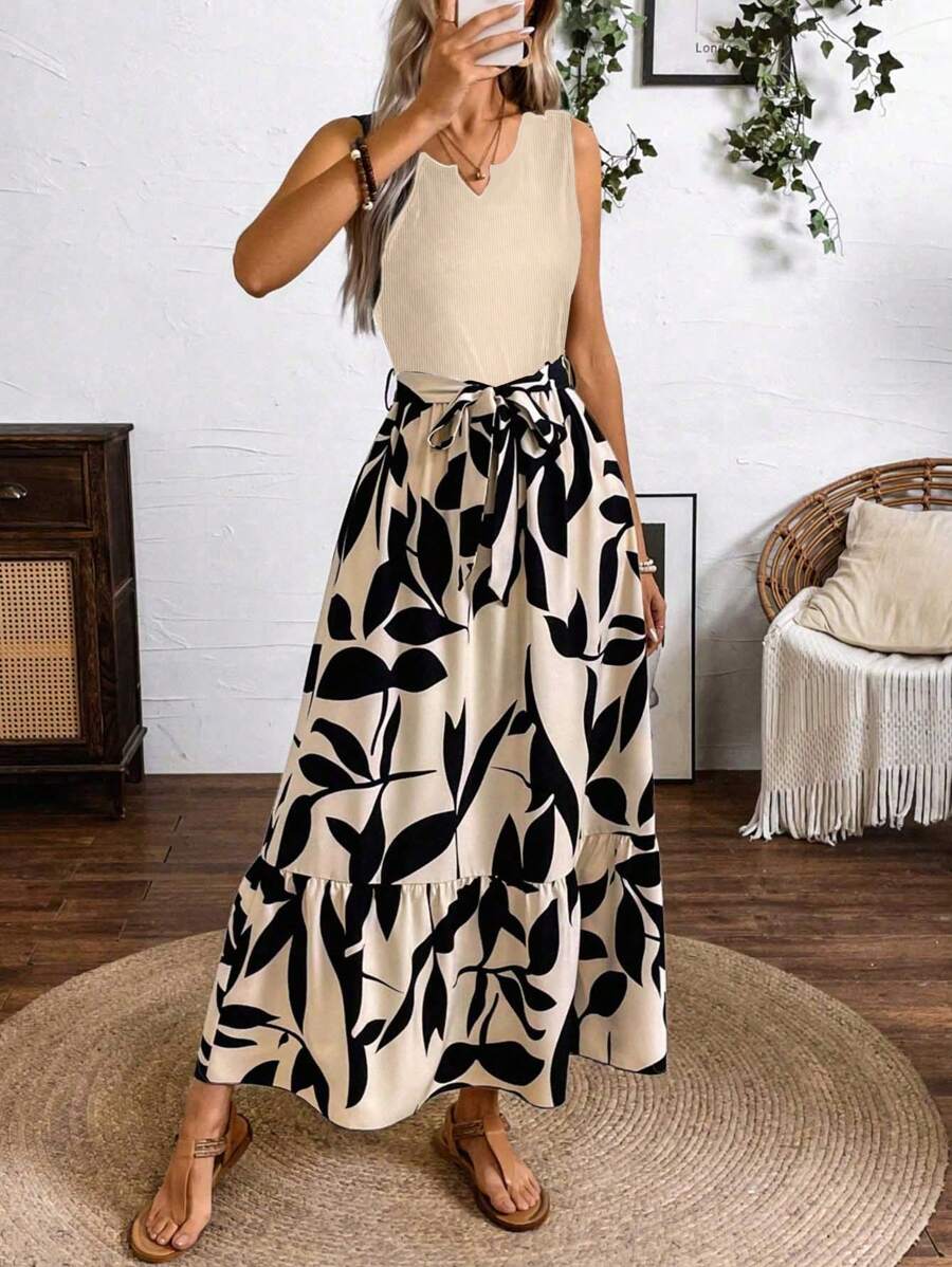 Breezaya Vestido maxi estampado de primavera y verano (vestido de punto de línea A de longitud media sin mangas con estampado de hojas de bádminton) Ropa de playa de vacaciones para mujeres - Albaricoque - Ver 1