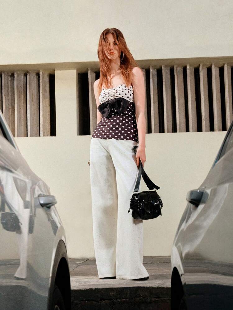 MOTF STUDIO POLKA DOT PRINT COLORBLOCK BOW TUBE TOP