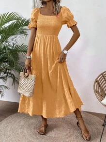 SHEIN Clasi Women's Fashionable Solid Color A-Line Flared Puff Sleeve Dress Maxi Women Outfit