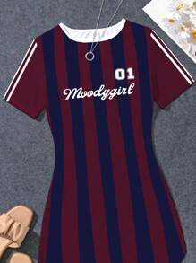 INAWLY 女士字母条纹圆领短袖休闲迷你连衣裙
