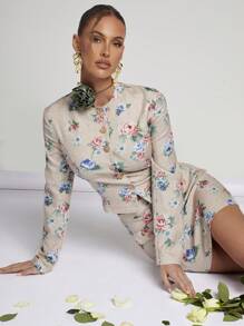 COSMINA Conjunto de 2 piezas para mujer, elegante estampado floral beige, para primavera/verano - Beis - Ver 3