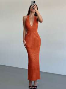Aloruh New Crochet Deep V-Neck Backless Sexy Vacation/Date/Casual Knit Dress