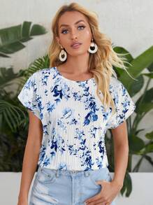 SHEIN LUNE 度假休闲花卉印花蝙蝠袖衬衫 - 藍白色 - 查看 1