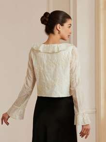 Aveloria Rosie Blusa holgada elegante para vacaciones con mangas abullonadas de organza transparente, con bordados y volantes para mujeres