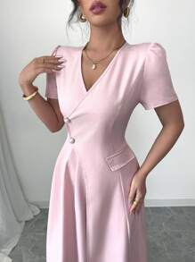 Elenzga Spring & Summer V-Neck Short Sleeve High Waist A-Line Pearl Button Pocket Pleated Midi Bohemian Dress For Women - Pink - View 5