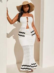 SHEIN SXY Plus Size Women's Spring/Summer Crochet Fabric Strapless Top Paired With Fish Tail Hem Mini Skirt, 2 Pieces Set, Suitable For Date Night, Birthday, Bachelorette Party Outfit, Cute, Casual, Shopping, Streetwear, Going Out, Easy To Match & Looks Slim, Accentuates Your Body, Flattering Fit