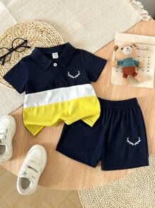 2 pezzi Set polo e pantaloncini per bambino, in colori a contrasto blu navy, bianco e giallo, perfetto per uso quotidiano, feste o uscite, per sembrare carino e signorile, abbigliamento estivo, costume da bagno