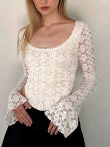 SHEIN Essnce T-shirt femme élégant à manches évasées en dentelle de couleur unie