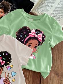 SHEIN Casual Girls Cartoon Pattern T-Shirts, Suitable For Summer - Multicolor - View 4