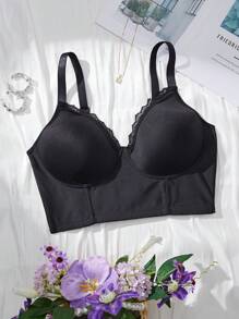 Bralette casual de talla grande, de unicolor, con parches de encaje y tirantes de espagueti