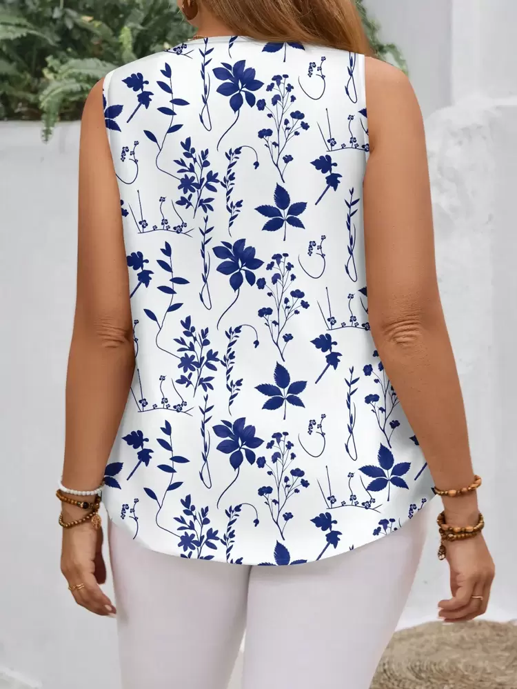 カジュアル ミニマリスト オールオーバープリント プラスサイズ Vネック ノースリーブブラウス、夏、コンサート、ボヘミアンスタイル レディース ブラウス、夏、バケーション向け