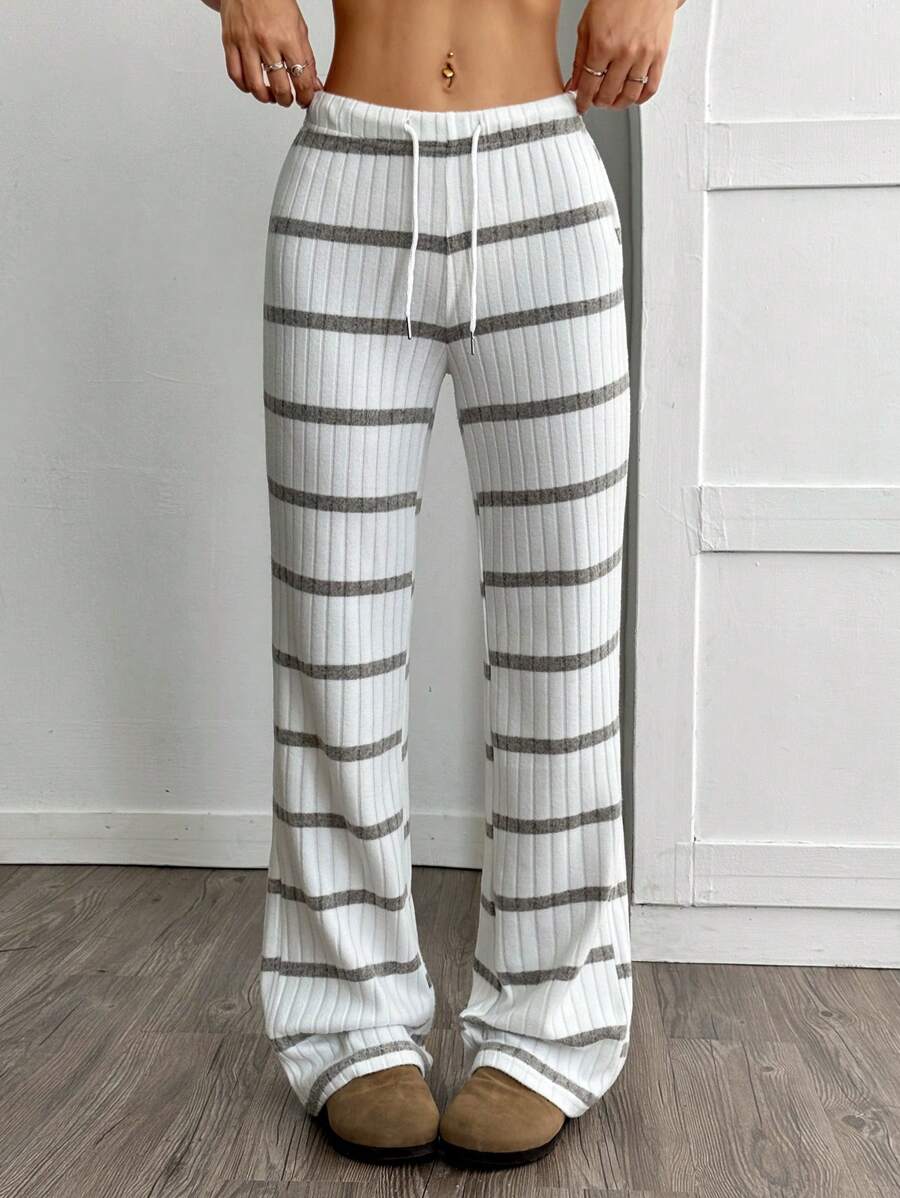 SHEIN EZwear 女式休闲百搭拼色条纹抽绳腰裤 - 灰色 - 查看 1