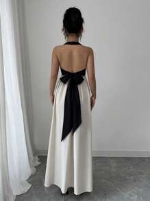Rafferiza Black & Apricot Color Block Elegant Halter Backless Bowknot Strap Sleeveless Maxi Dress, Casual Beach Resort